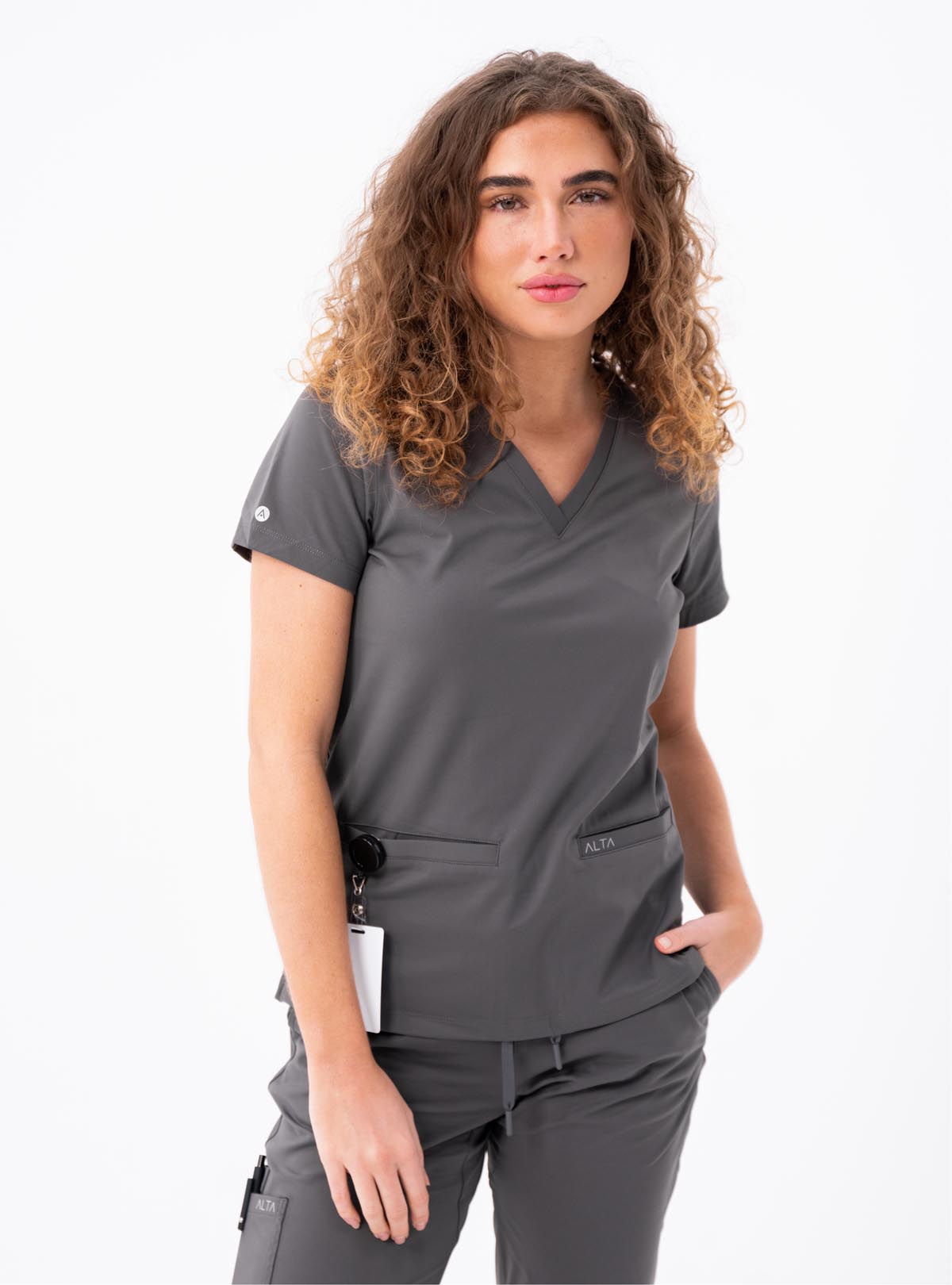 Taunya™ Two-Pocket Scrub Top - Grey