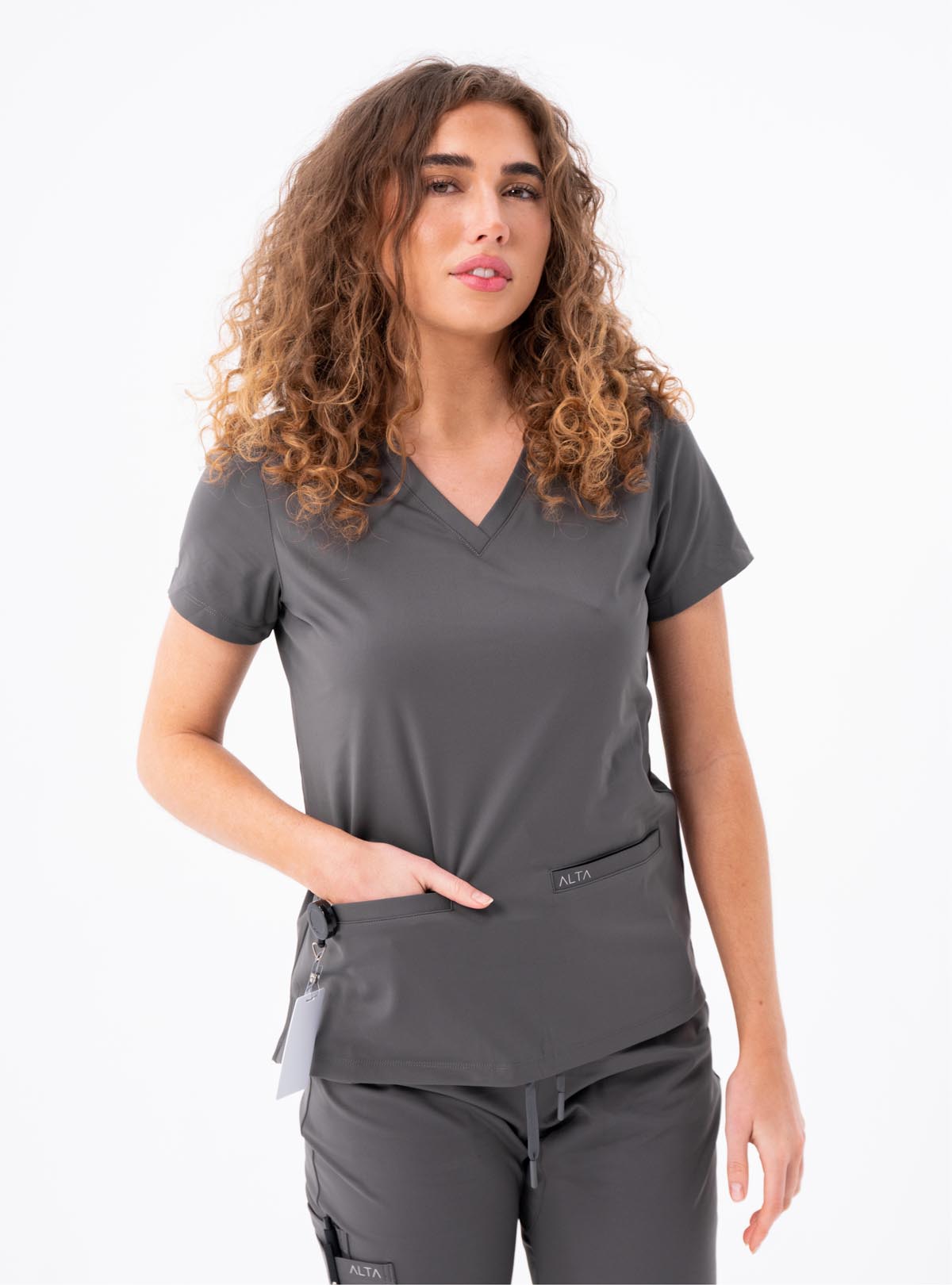 Taunya™ Two-Pocket Scrub Top - Grey