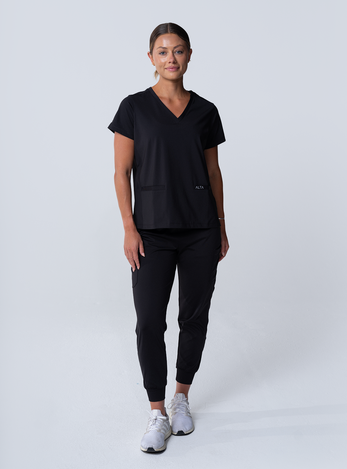 Taunya Two-Pocket Scrub Top - Black - Full Front