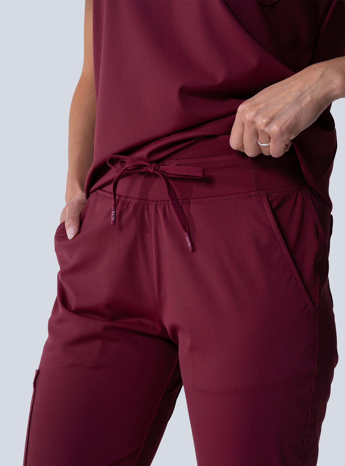 ALTA Macee Straight Leg Scrub Pant in Burgundy - detail