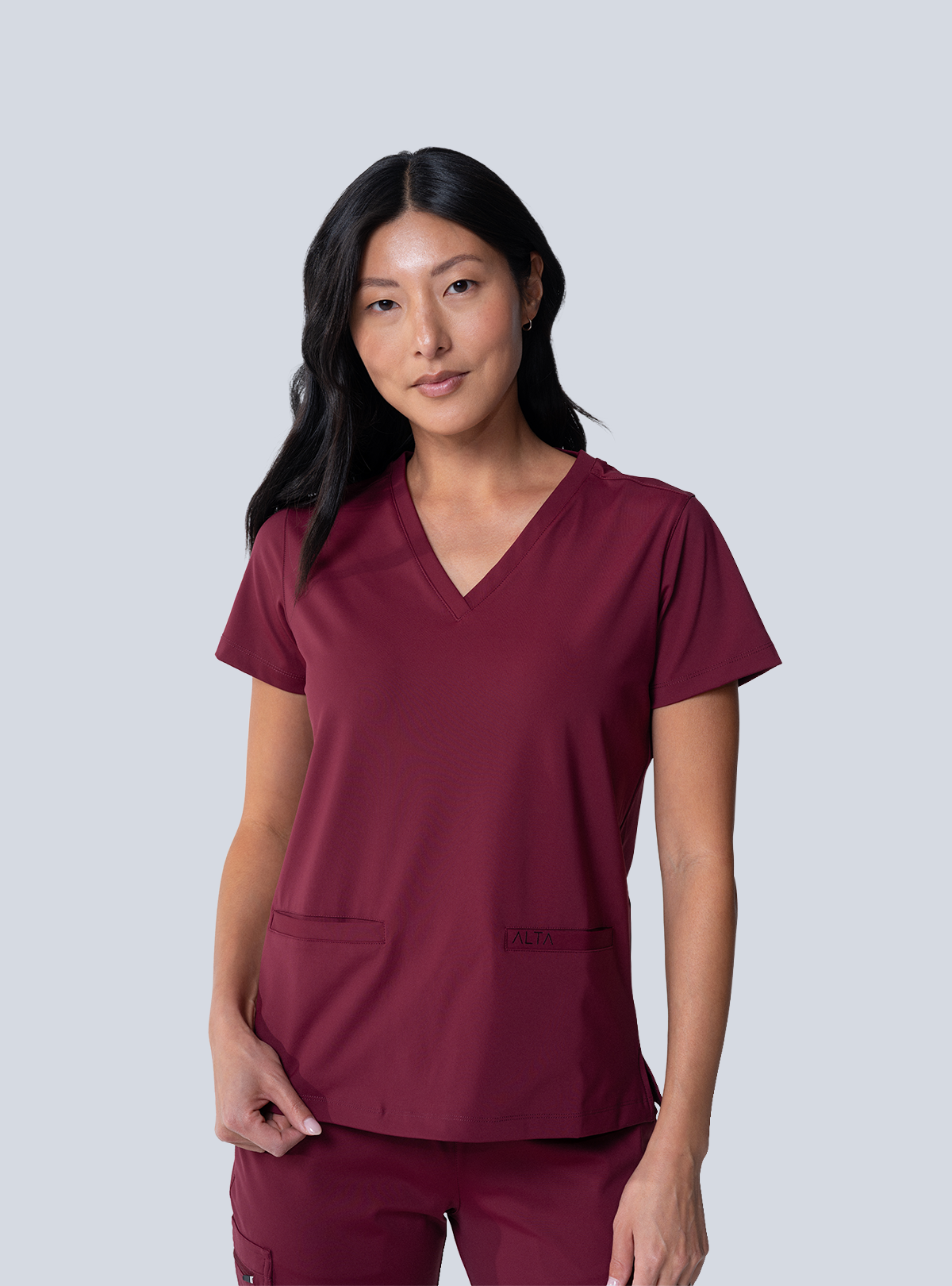 Taunya Two-Pocket Scrub Top - Burgundy - Front