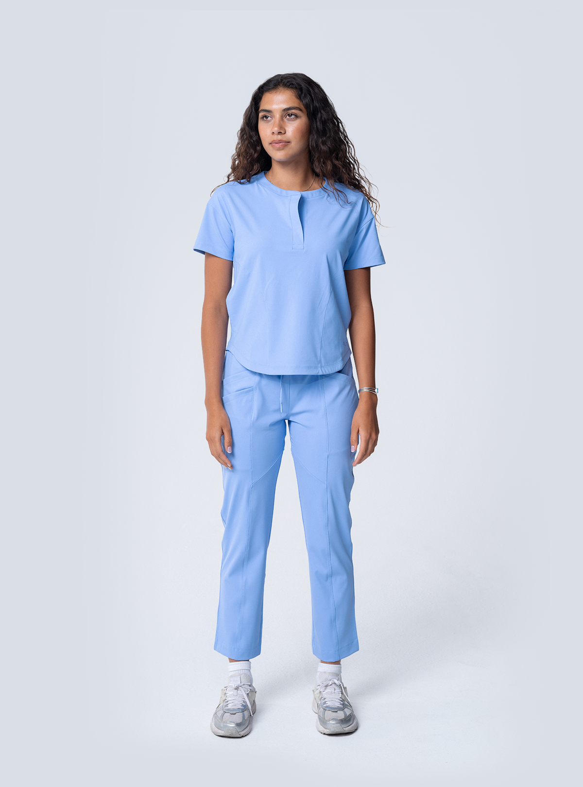 ALTA Maggie Tapered Crop Scrub Pant in Ceil Blue - full front view