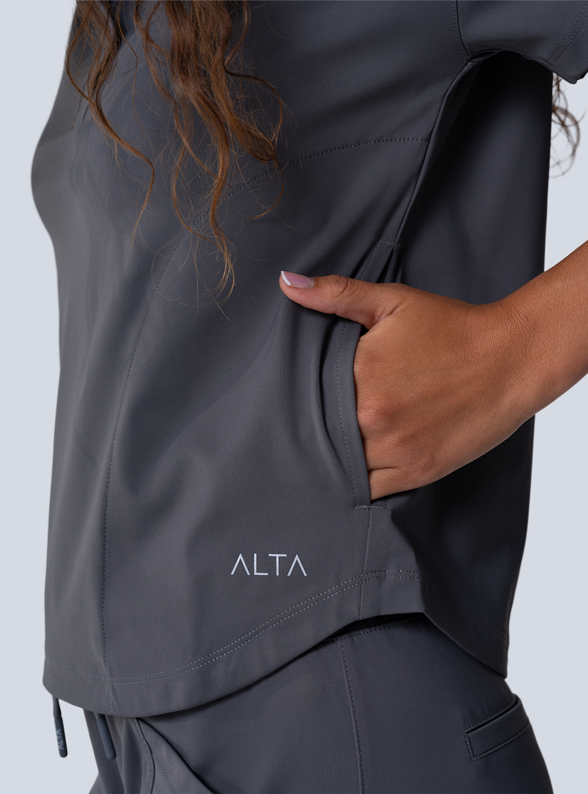 ALTA Kenzie Two-Pocket Scrub Top in Grey - detail