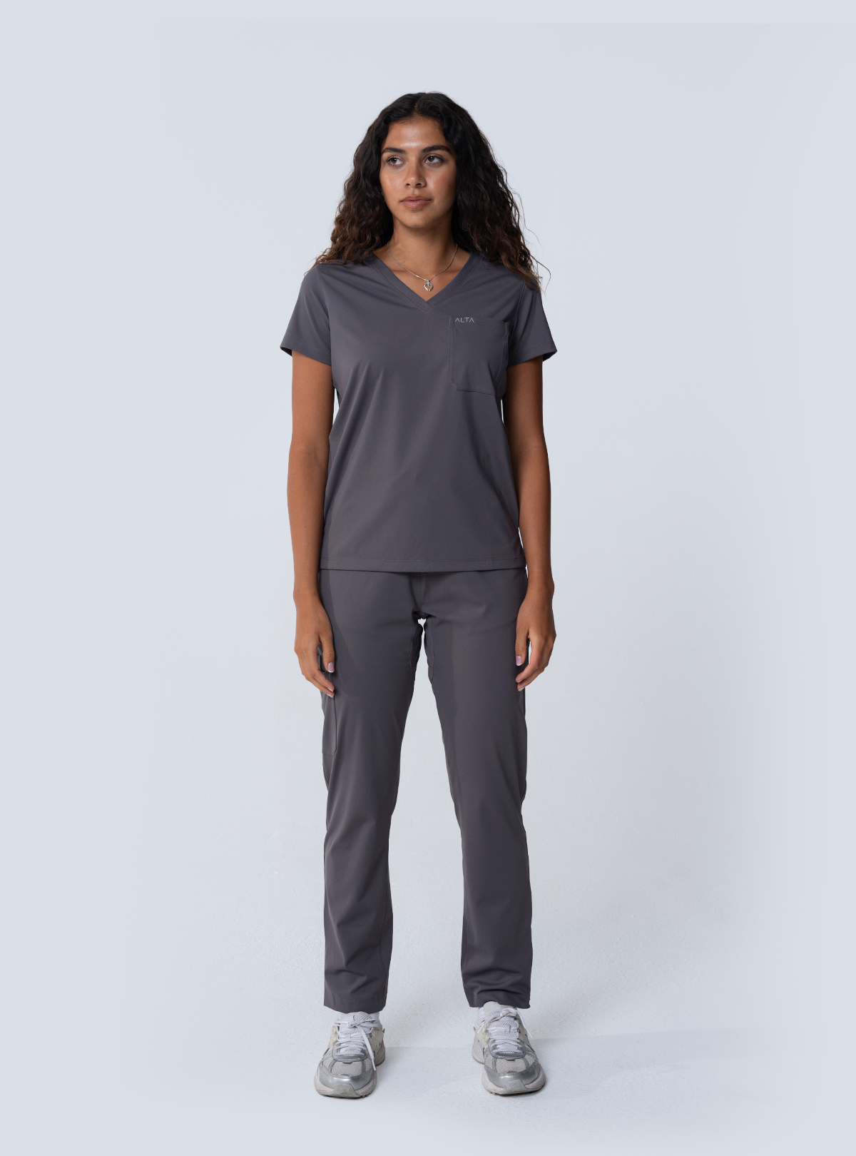 ALTA Macee Straight Leg Scrub Pant in Grey - full front view