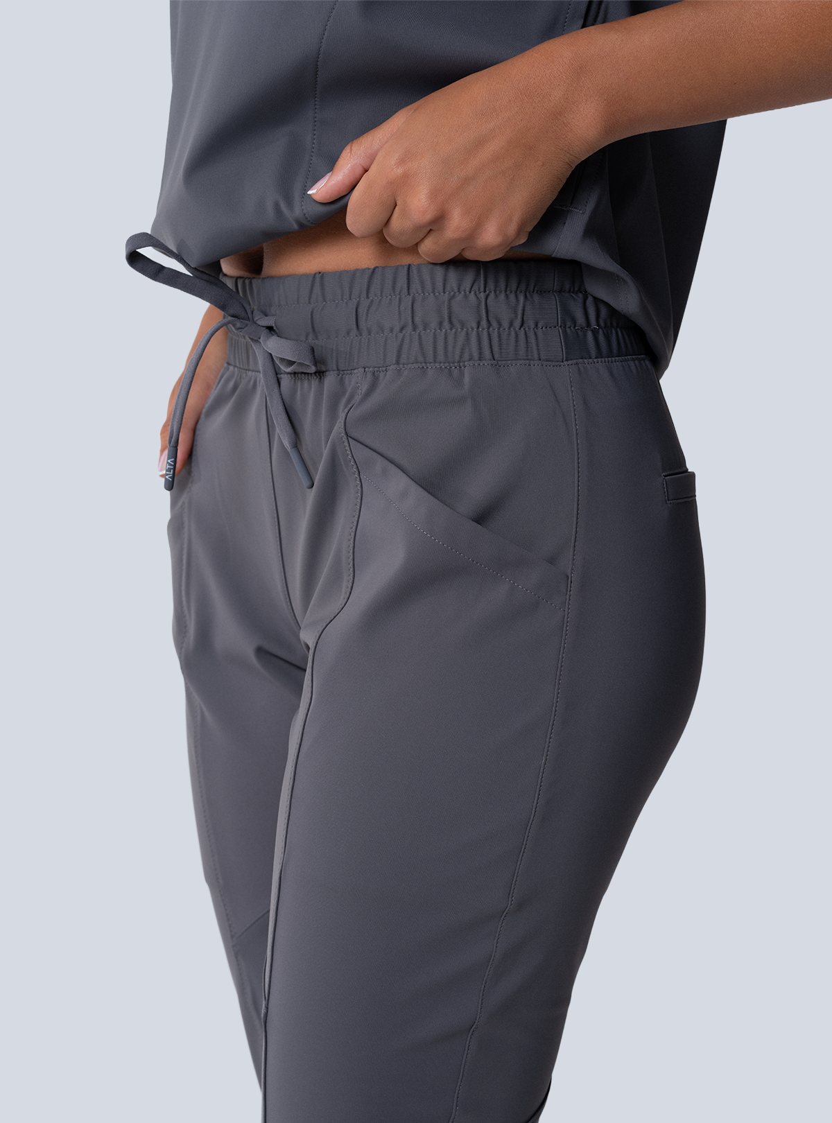 ALTA Maggie Tapered Crop Scrub Pant in Grey - detail