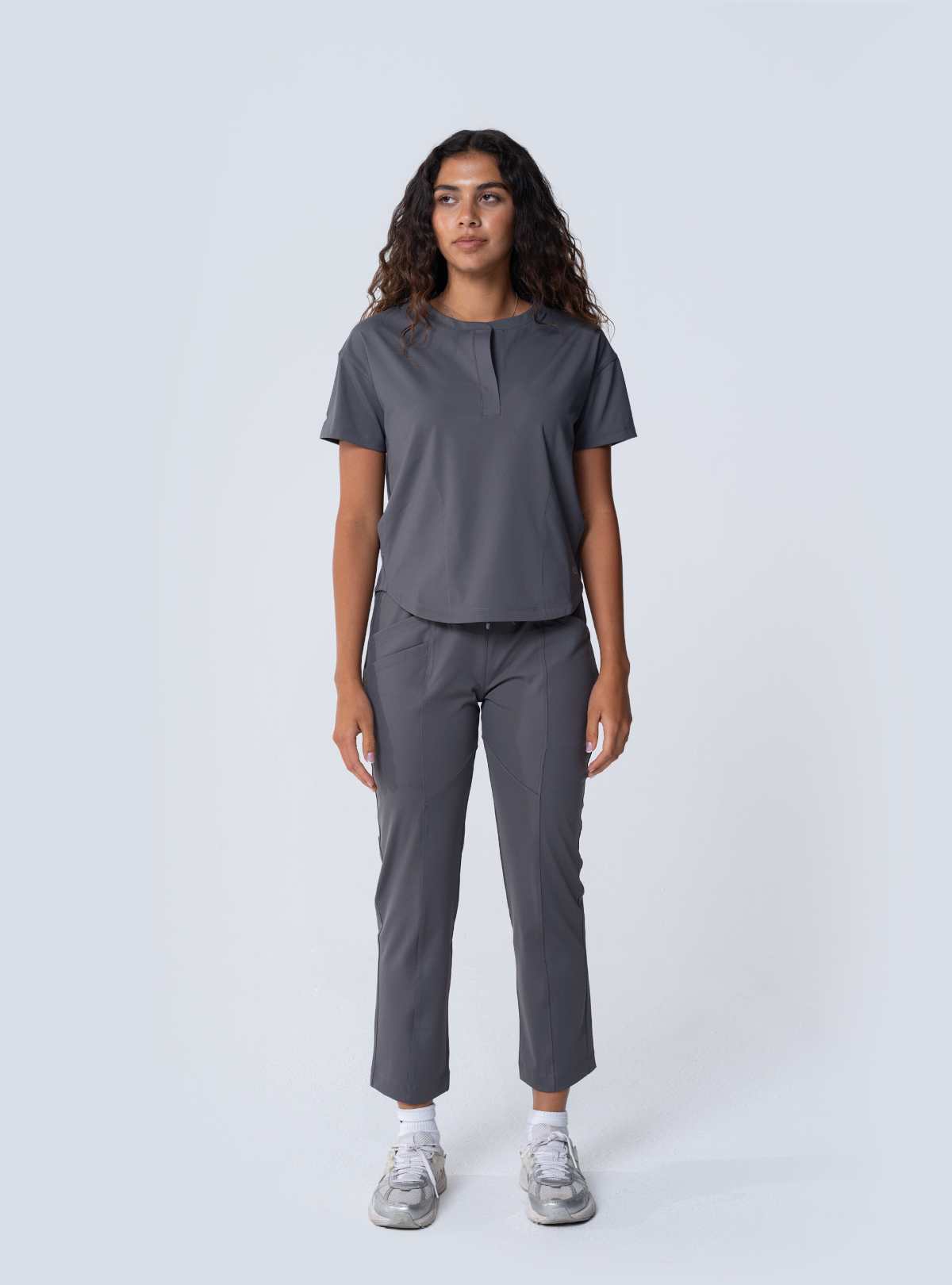 ALTA Maggie Tapered Crop Scrub Pant in Grey - full front view