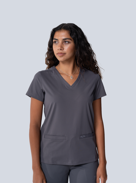ALTA Taunya Two-Pocket Scrub Top in Grey - front view