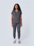 ALTA Taunya Two-Pocket Scrub Top in Grey - full front view